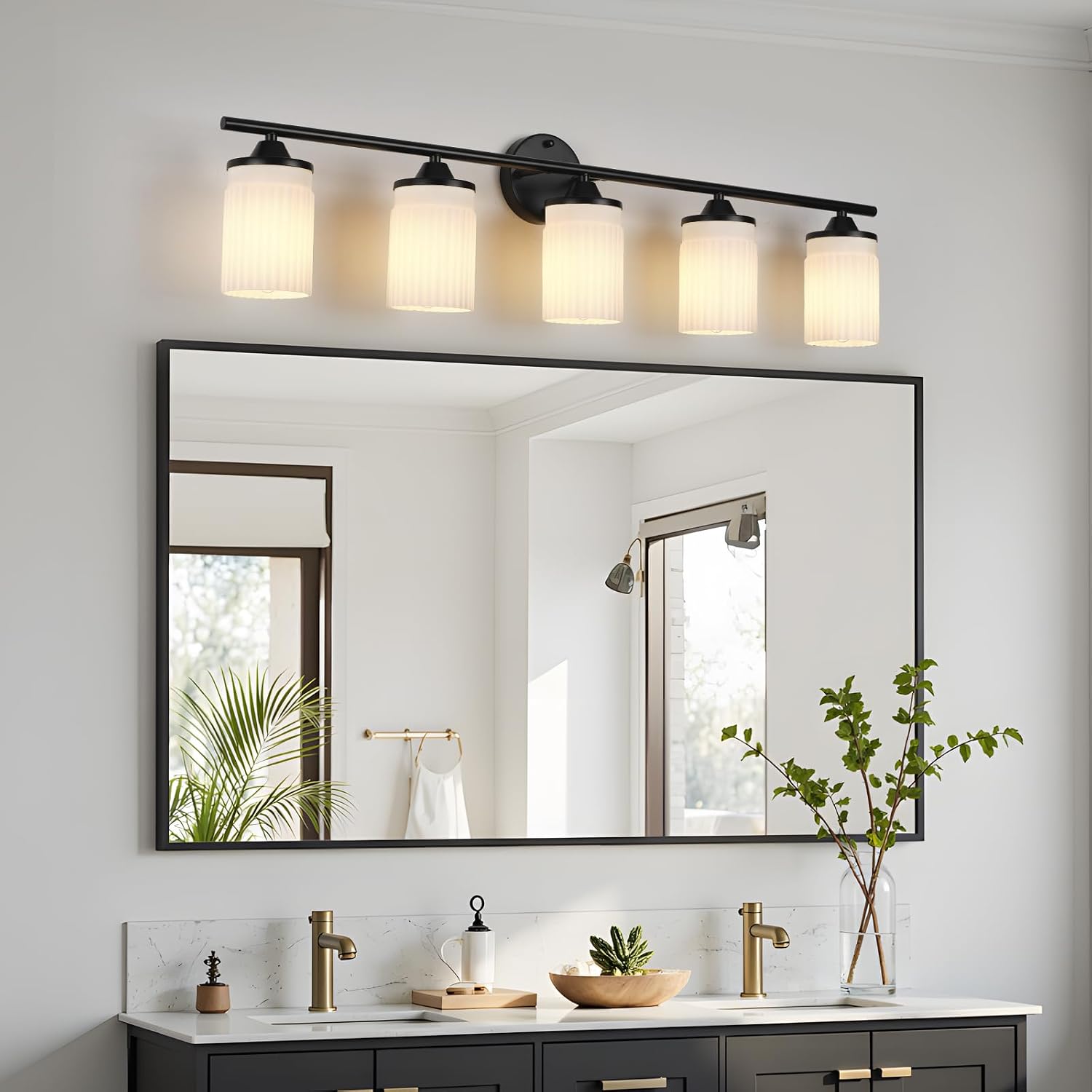 Jonsi Black Bathroom Light Fixtures 5-Light Vanity Lights Modern Wall Sconce with Milk White Shade Brushed Brass Bathroom Light Fixture Over Mirror for Bedroom Hallway Kitchen