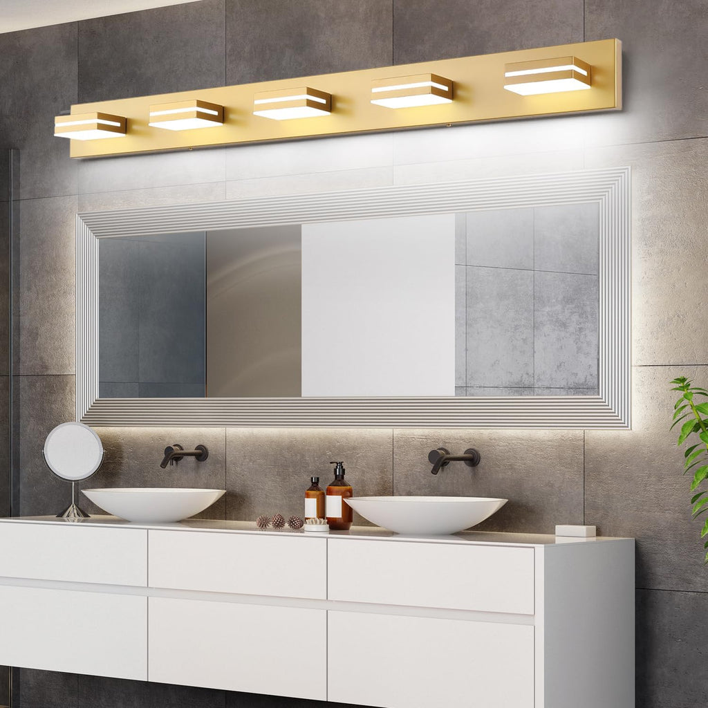 SineRise LED Modern Bathroom Vanity Light Fixtures (6-Light, 48-Inch, Dimmable), Matte Gold Modern Acrylic Bathroom Wall Lighting Fixtures Over Mirror (Cool White 6000K)