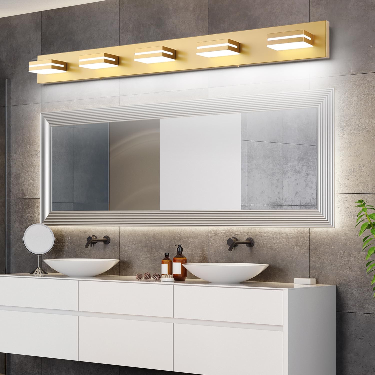 SineRise LED Modern Bathroom Vanity Light Fixtures (6-Light, 48-Inch, Dimmable), Matte Gold Modern Acrylic Bathroom Wall Lighting Fixtures Over Mirror (Cool White 6000K)