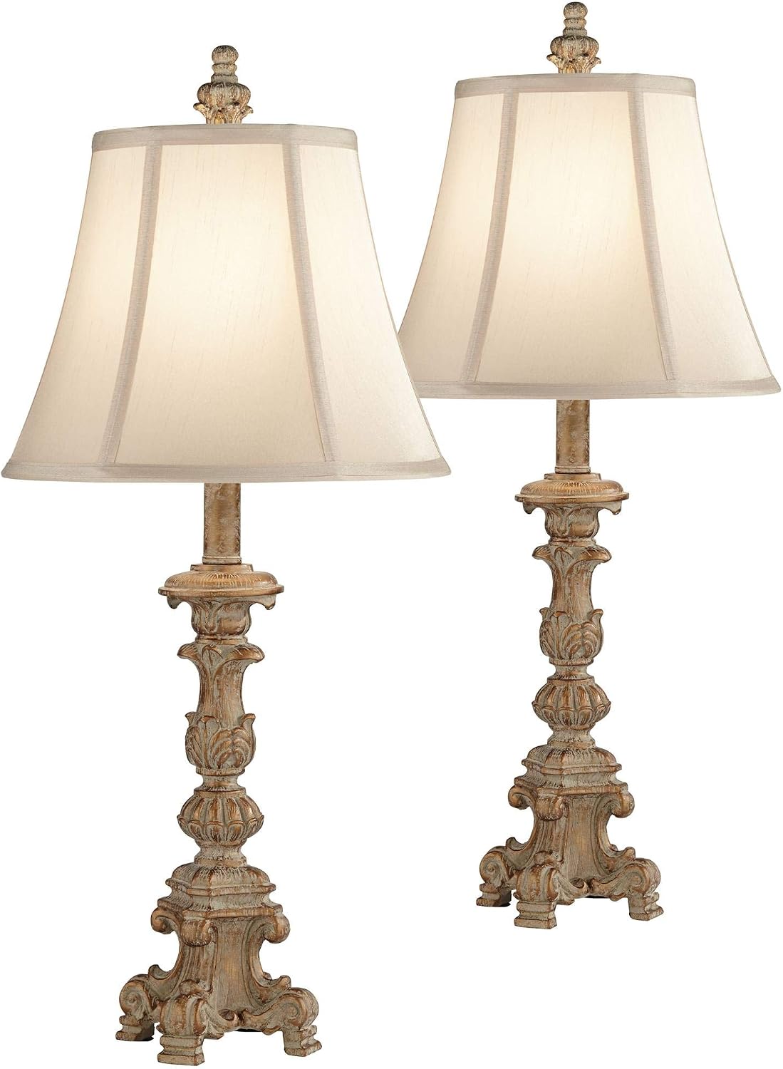 Regency Hill Elize Shabby Chic 3-Way Table Lamps 26.5' High Set of 2 with Table Top Dimmers White Washed Candlestick Bell Shade Decor for Living Room Bedroom House Bedside Nightstand