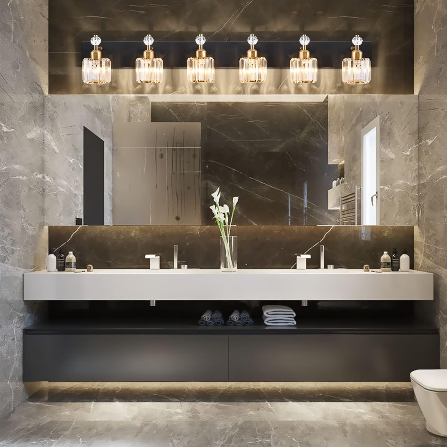 PRESDE Crystal 6 Light Bathroom Vanity Lights Black and Gold Bathroom Lights Fixtures Over Mirror Modern Bedroom Hallway