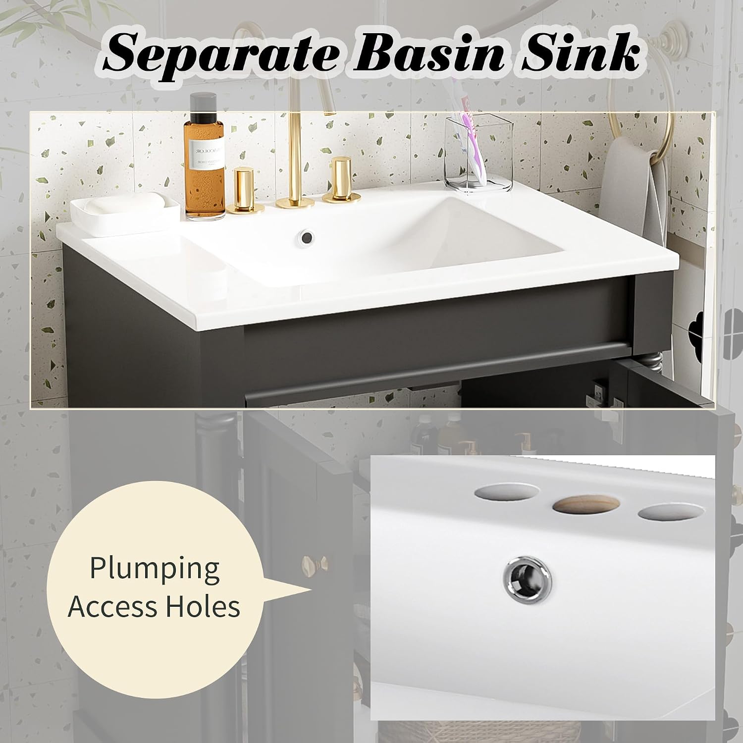 Virubi 24 Inch Bathroom Vanity with Single Sink Combo Set, Modern Bathroom Storage Cabinet with Double Soft Closing Doors, Solid Wood Frame Bathroom Vanities. (Dark Black)
