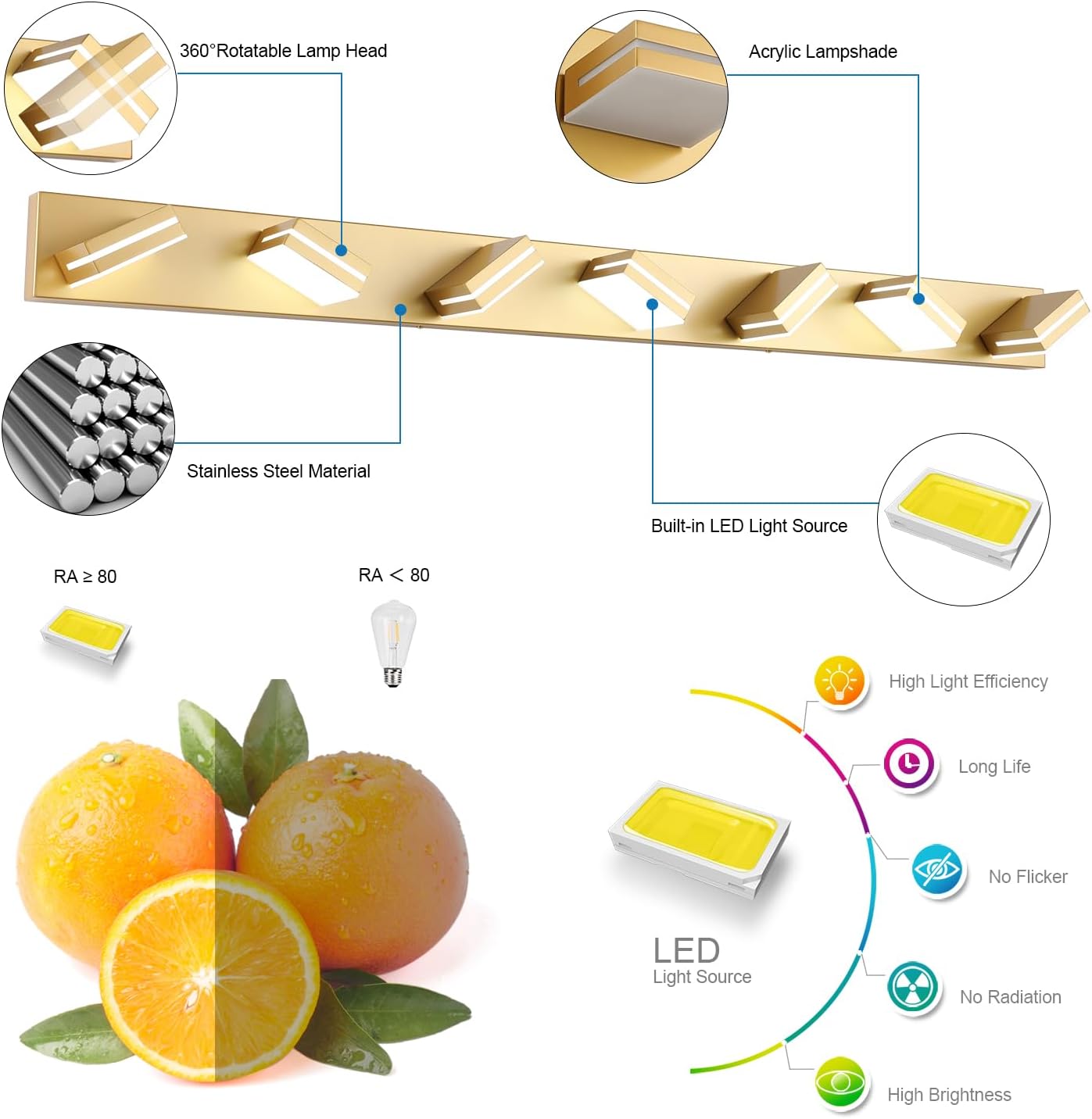 SineRise LED Modern Bathroom Vanity Light Fixtures (7-Light, 55-Inch, Dimmable), Gold Modern Acrylic Bathroom Wall Lighting Fixtures Over Mirror (Cool White 6000K)
