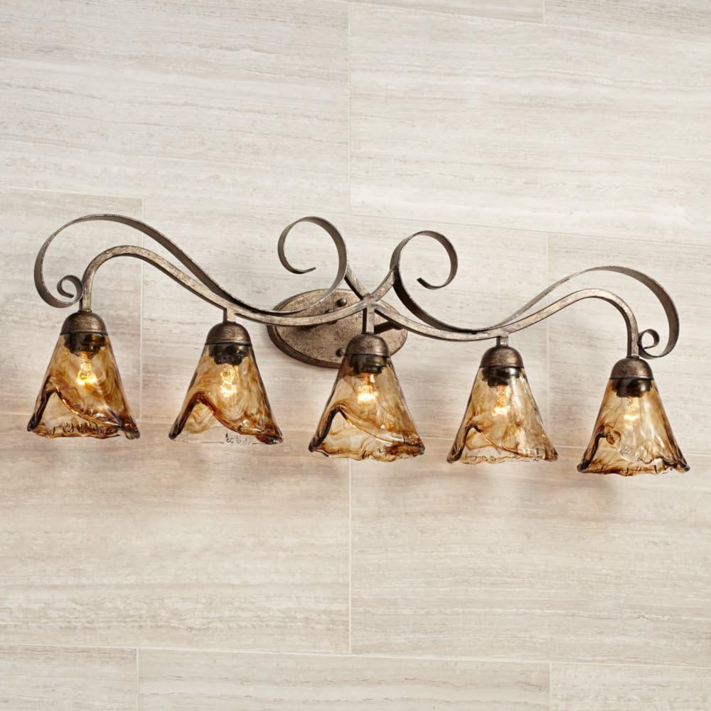 Franklin Iron Works Amber Scroll Rustic Vintage Wall Mount Light Golden Bronze Silver Metal 37 1/4' Wide 5-Light Vanity Fixture Organic Art Glass Shades Decor for Bathroom Over Mirror House Home