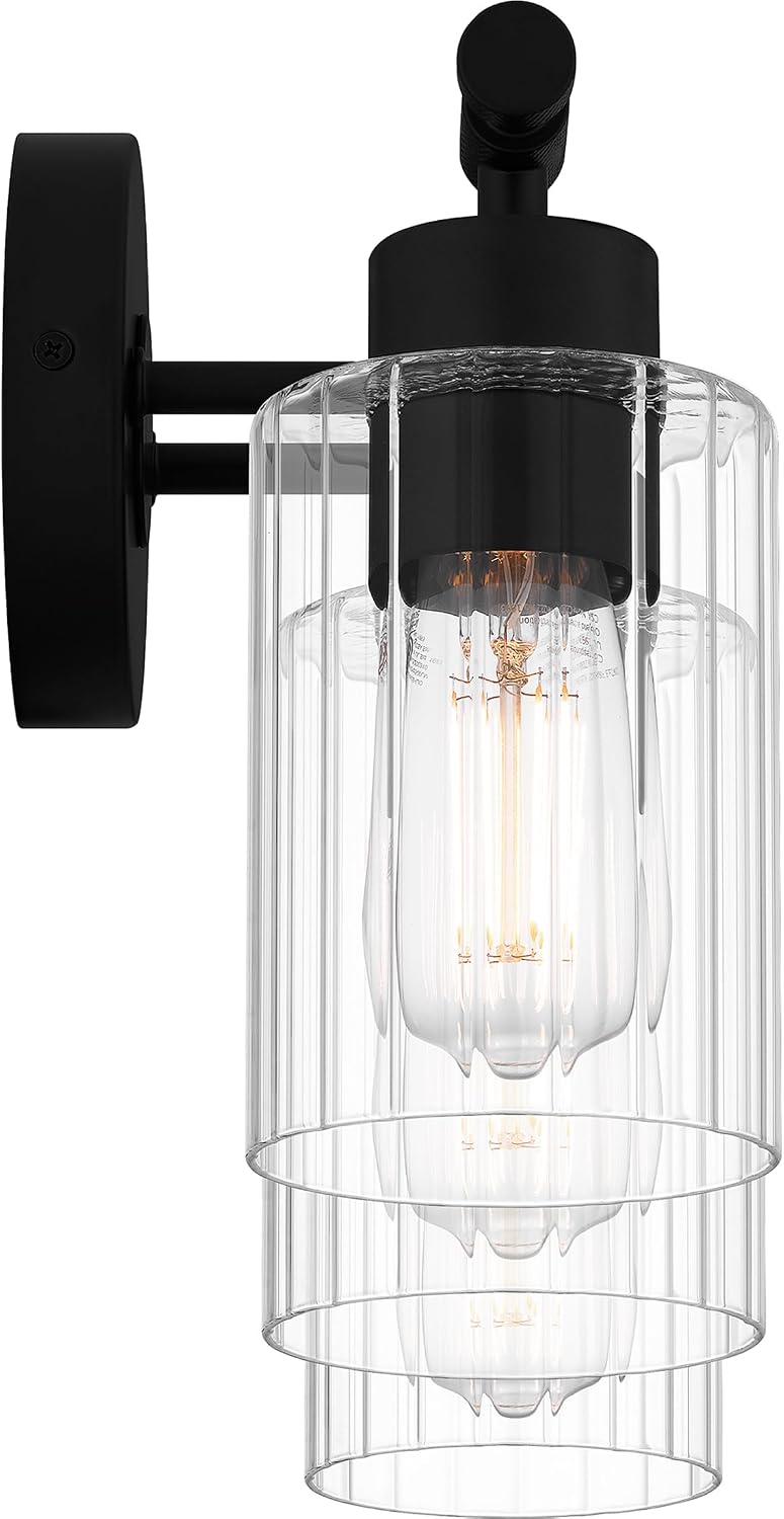 Quoizel Caputo Bath Vanity Lights, 24 Inch 3-Light Matte Black Lighting Fixtures Over Mirror, Clear Ribbed Glass, 100W, Modern Industrial Wall Mount Light for Bathroom, Dresser or Sink