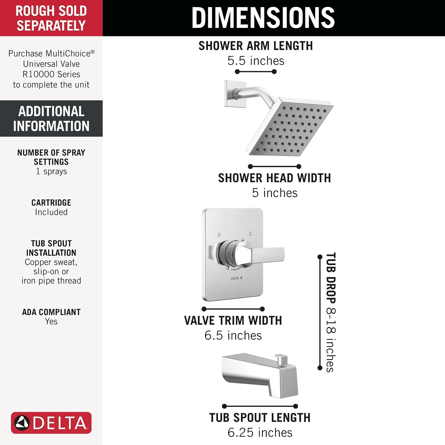 Delta Faucet Velum 14 Series Single-Function Chrome Tub and Shower Faucet Set, Valve Trim Kit, Shower Handle, Delta Shower Trim Kit, Shower Set, Chrome T14437 (Valve Not Included)