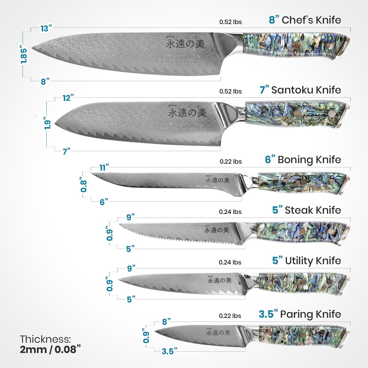 Damascus Kitchen Knife Set | 67-Layer Damascus Steel | Professional Chef Knives Set | Ergonomic Blue Shell Handle | Acacia Wood Magnetic Holder Included (Blue, 9-Piece Set)