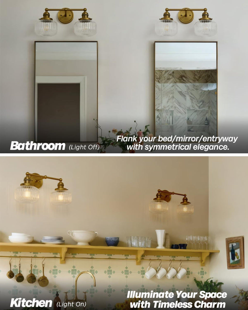 Double Vintage Wall Sconces 2-Lights Brass Gold Bathroom Vanity Light with Clear Striped Glass Shade Indoor Hardwire Wall Sconce Lighting for Bathroom Living Room Bedroom Kitchen