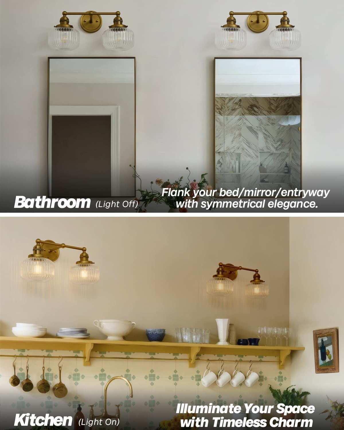 Double Vintage Wall Sconces 2-Lights Brass Gold Bathroom Vanity Light with Clear Striped Glass Shade Indoor Hardwire Wall Sconce Lighting for Bathroom Living Room Bedroom Kitchen