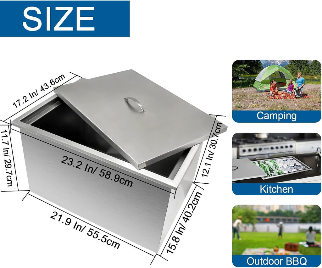 Drop in Ice Chest, Outdoor Kitchen Ice Bar Stainless Steel Ice Cooler, Commercial Ice Bin with Hinged Cover, Ice Bucket, for Cold Wine Beer