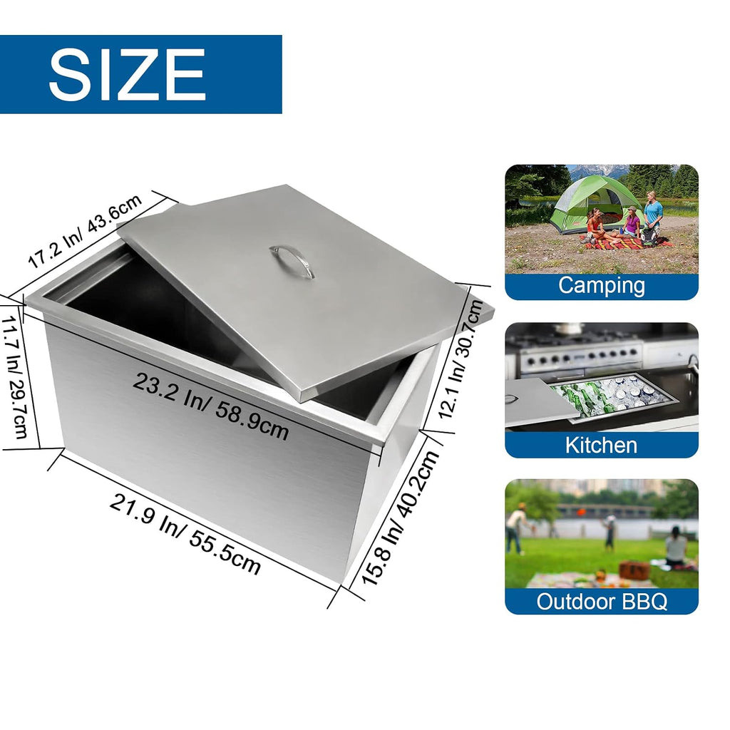 Drop in Ice Chest, Outdoor 304 Stainless Steel Built-in Ice Bucket, Ice Bin Cooler with Cover Including Drain-Pipe & Drain Plug Lid for Cold Wine Beer,23''L X 17''W X 12''H