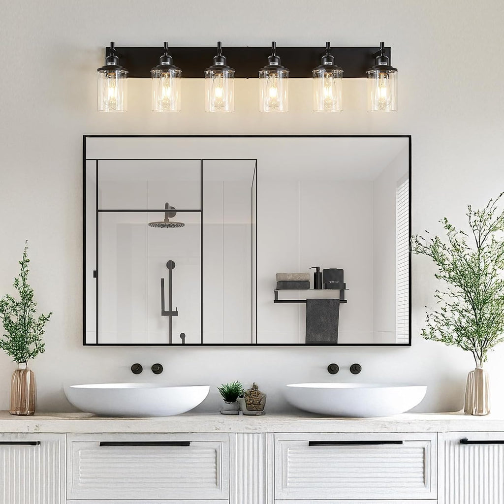 Lanhall 6-Light Black Bathroom Light Fixture Over Mirror Modern Farmhouse Bathroom Vanity Light Vintage Wall Lighting with Clear Glass Shade for Bathroom, Bedroom, Hallway, Cabinet