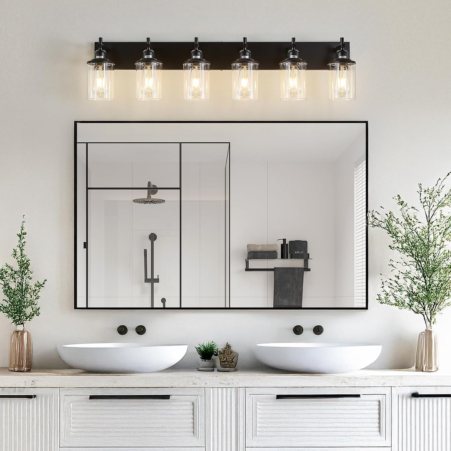 Lanhall 6-Light Black Bathroom Light Fixture Over Mirror Modern Farmhouse Bathroom Vanity Light Vintage Wall Lighting with Clear Glass Shade for Bathroom, Bedroom, Hallway, Cabinet