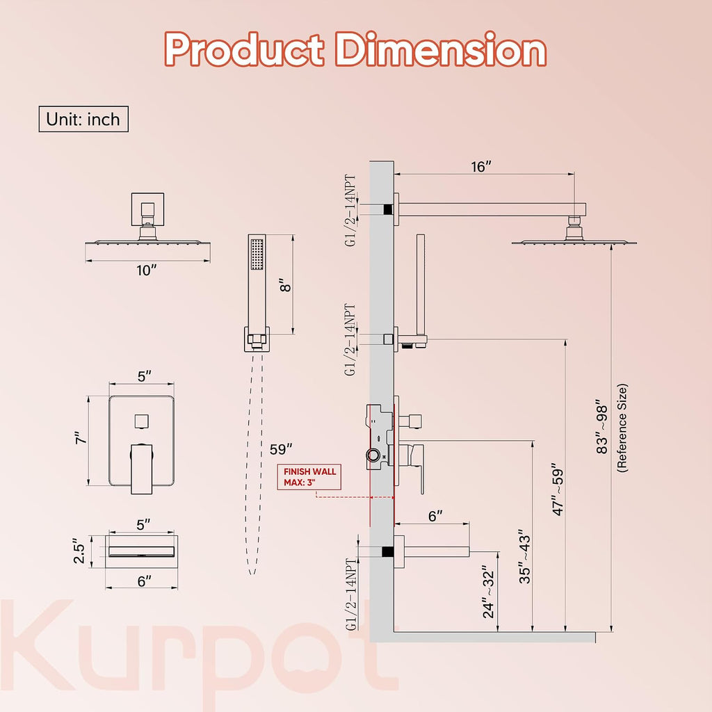 Kurpot Brushed Gold Shower System, All Metal Gold Shower Faucet Set with Tub Spout, 10'' Gold Shower Head with Handheld, 59'' Shower Hose, Shower Valve and Diverter, Wall Mounted Bath Tub Faucet Set