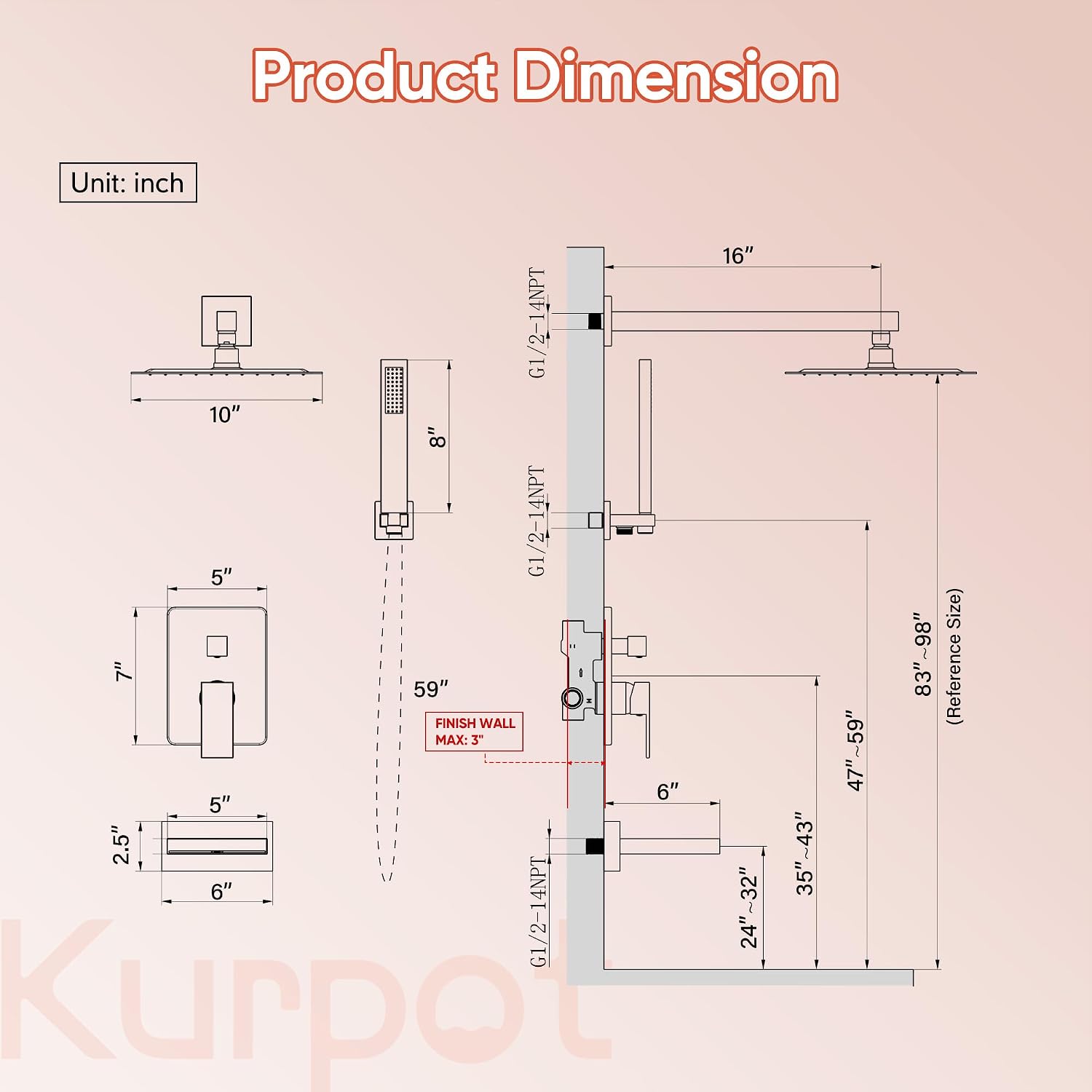 Kurpot Brushed Gold Shower System, All Metal Gold Shower Faucet Set with Tub Spout, 10'' Gold Shower Head with Handheld, 59'' Shower Hose, Shower Valve and Diverter, Wall Mounted Bath Tub Faucet Set