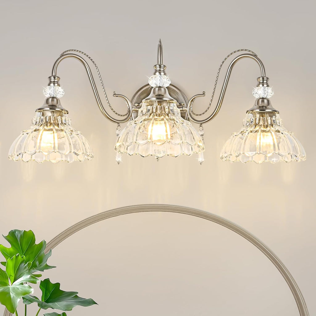 Brushed Nickel Bathroom Vanity Light, 3-Light Nickel Finish Wall Sconce with Hanging Crystal Accents and Flower-Shaped Clear Glass Shades, Modern Wall Mount Vanity Light Over Mirror for Bathroom