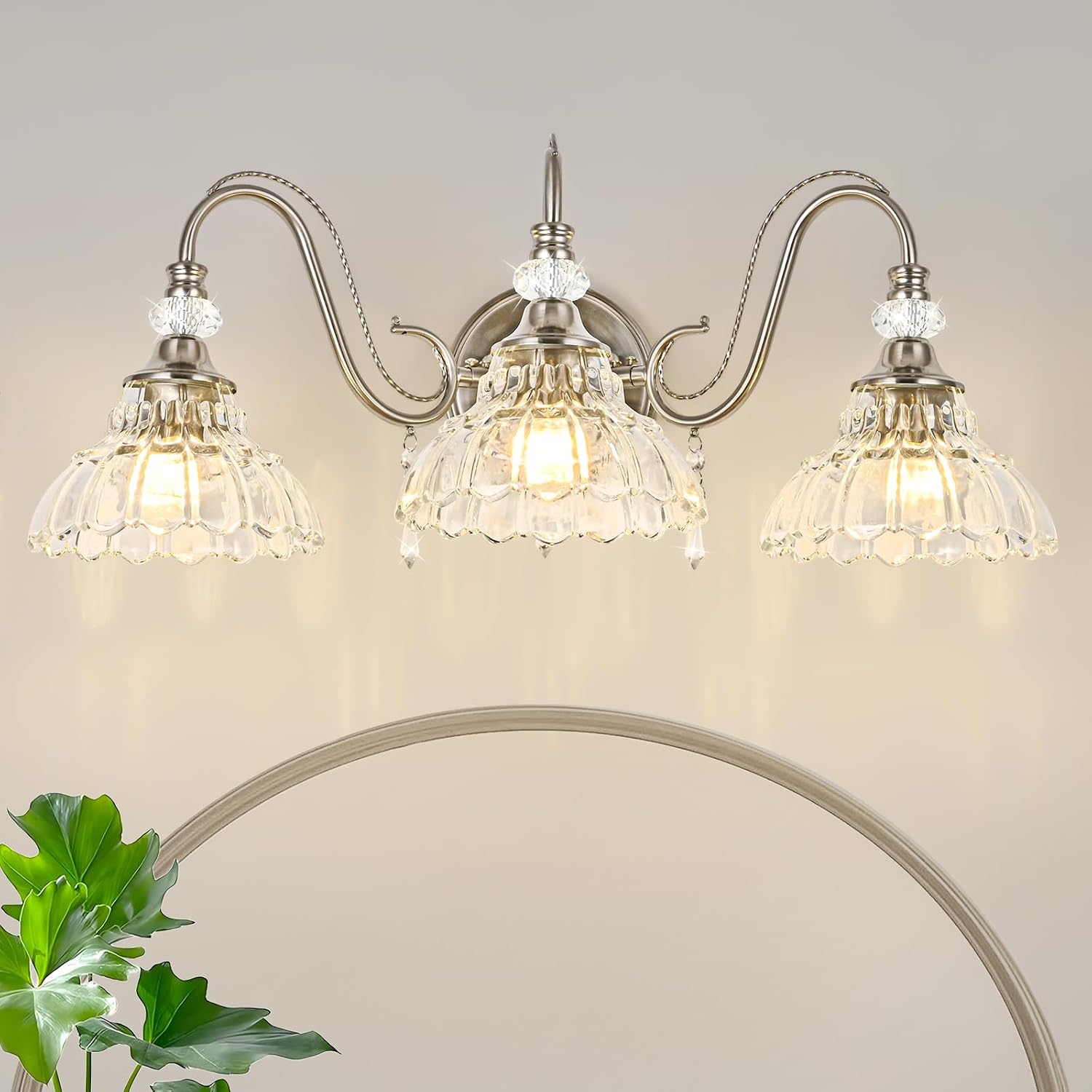 Brushed Nickel Bathroom Vanity Light, 3-Light Nickel Finish Wall Sconce with Hanging Crystal Accents and Flower-Shaped Clear Glass Shades, Modern Wall Mount Vanity Light Over Mirror for Bathroom