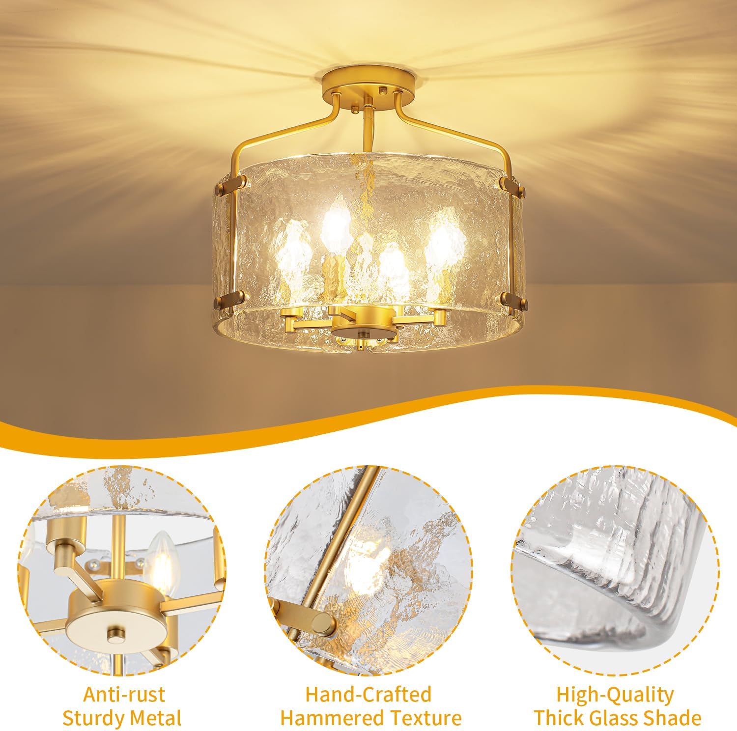 4-Light Gold Semi Flush Mount Ceiling Light, Modern Hammered Glass Drum Chandelier Entryway Light Fixtures Kitchen Close to Ceiling Lights for Bathroom Hallway Dining Room Foyer Lighting