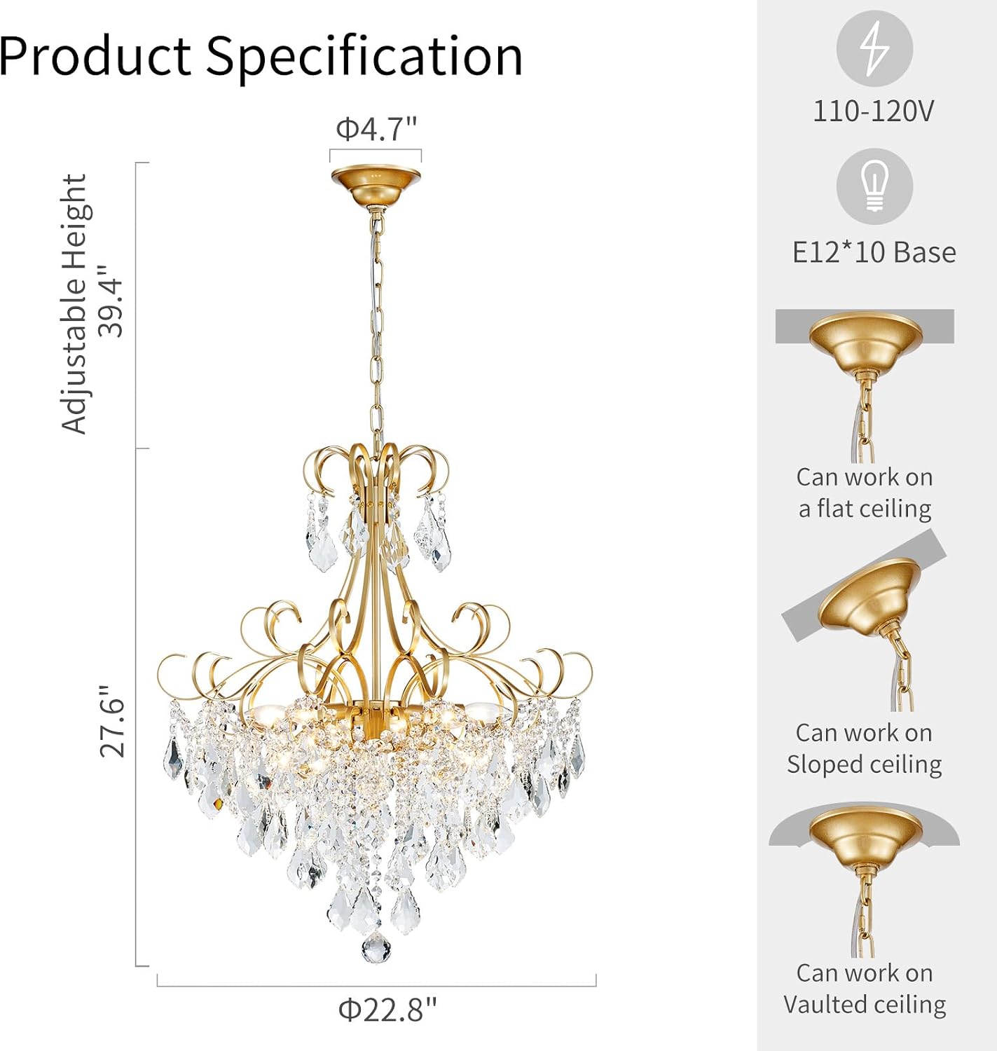 WUZUPS Crystal Chandelier 10-Light Pendant Ceiling Light Modern Lighting Fixture for Dining Room Hallway Bedroom Kitchen Bathroom, H 27.6' x W 22.8', E12 Base, Gold