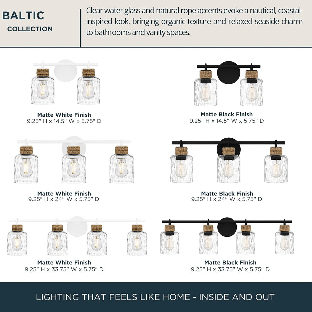 Quoizel Baltic 24' 3-Light Coastal Vanity Light, Matte Black with Clear Water Glass, ETL Damp Rated