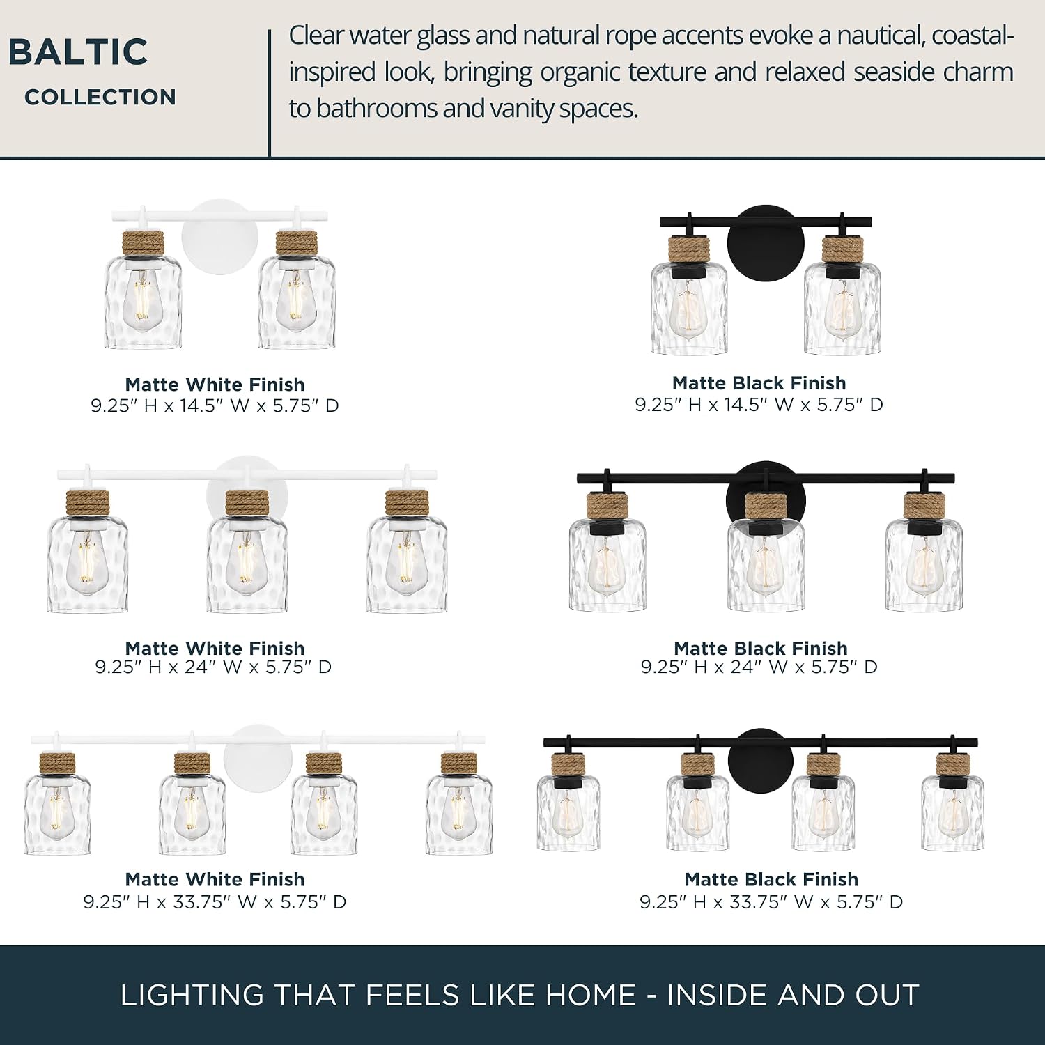 Quoizel Baltic 24' 3-Light Coastal Vanity Light, Matte Black with Clear Water Glass, ETL Damp Rated
