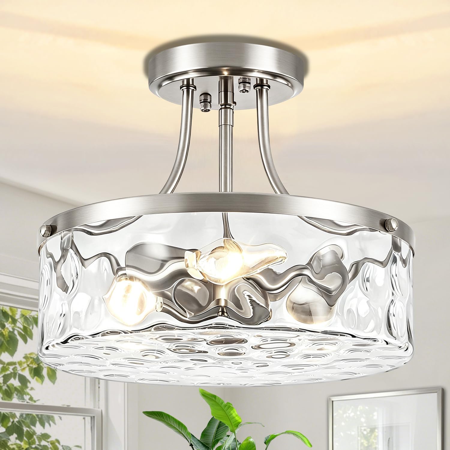 TOULMJ Brushed Nickel Semi Flush Mount Ceiling Light, 3-Light Modern Hammered Glass Kitchen Lighting Fixture for Hallway Entryway Bathroom Bedroom Laundry Dining Room