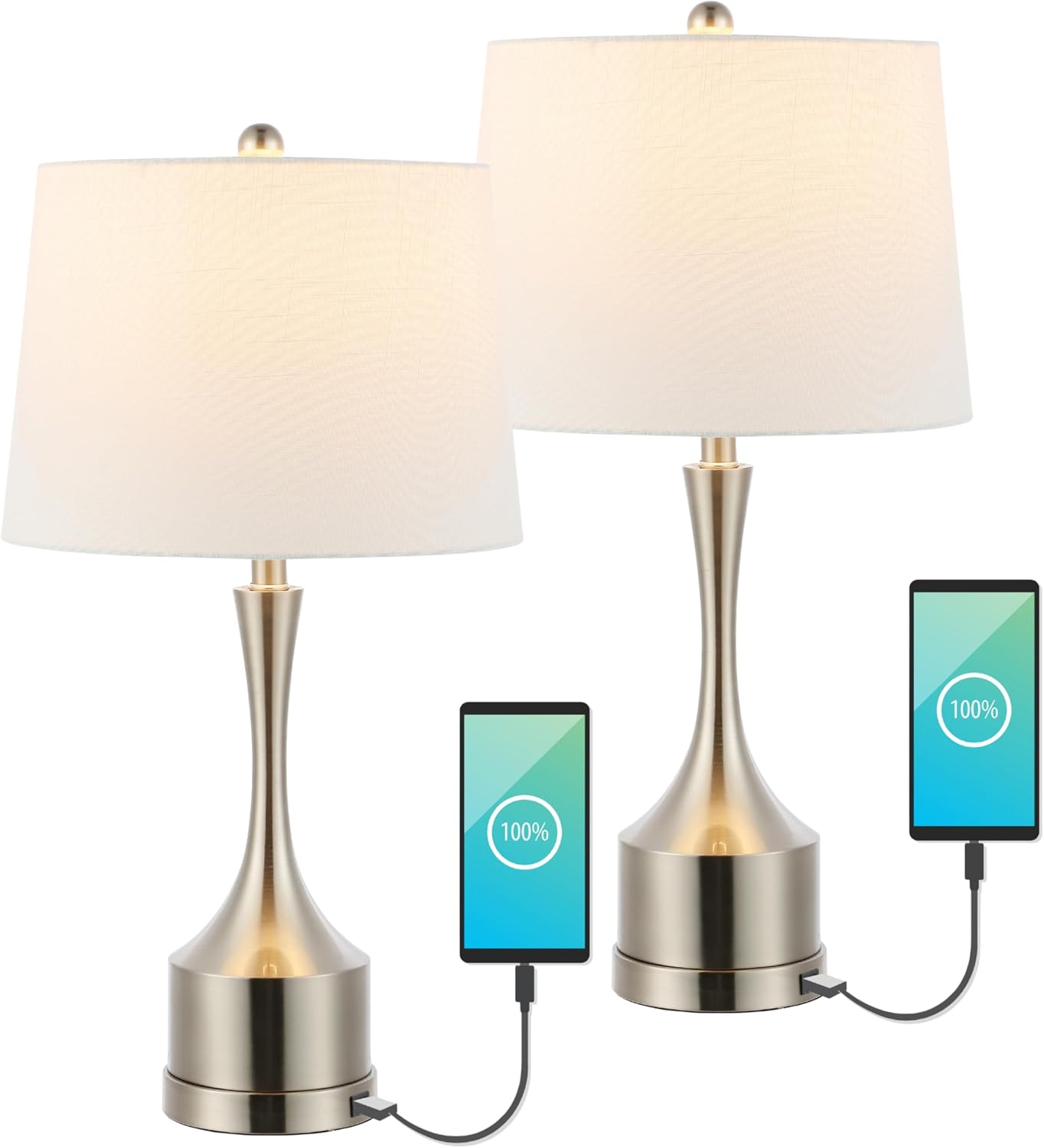 JONATHAN Y 26' Nickel Table Lamp Set of 2 with USB Charging Port, French Country Bedside Lamps for Living Room Bedroom Decor, White Linen Shade, LED Bulbs Included (JYL4045B-SET2)