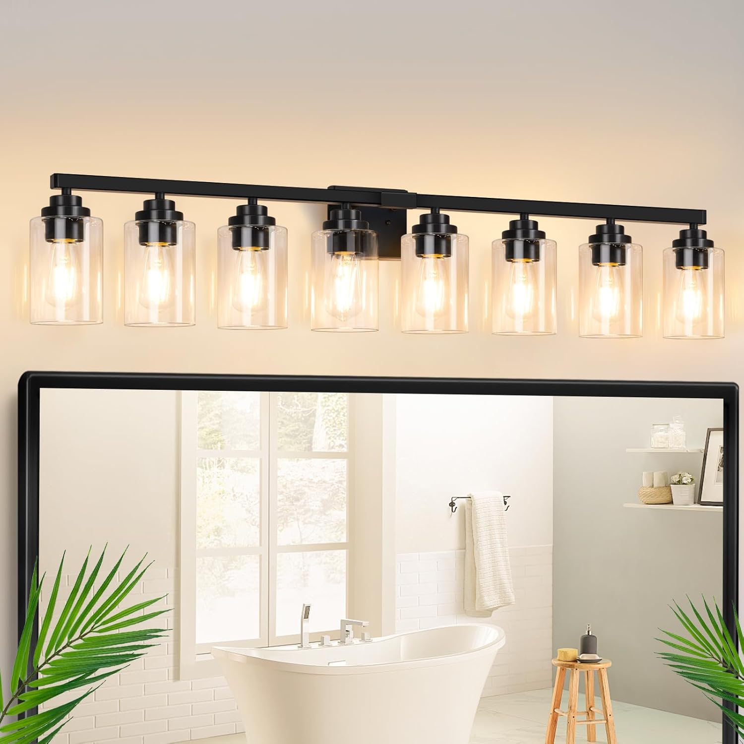 8-Light Bathroom Light Fixtures, 51' Modern Vanity Lights Over Mirror with Clear Glass Shades, Matte Black Light Fixture, Classic Wall Light Fixture for Mirror Living Room Cabinet Bedroom Porch