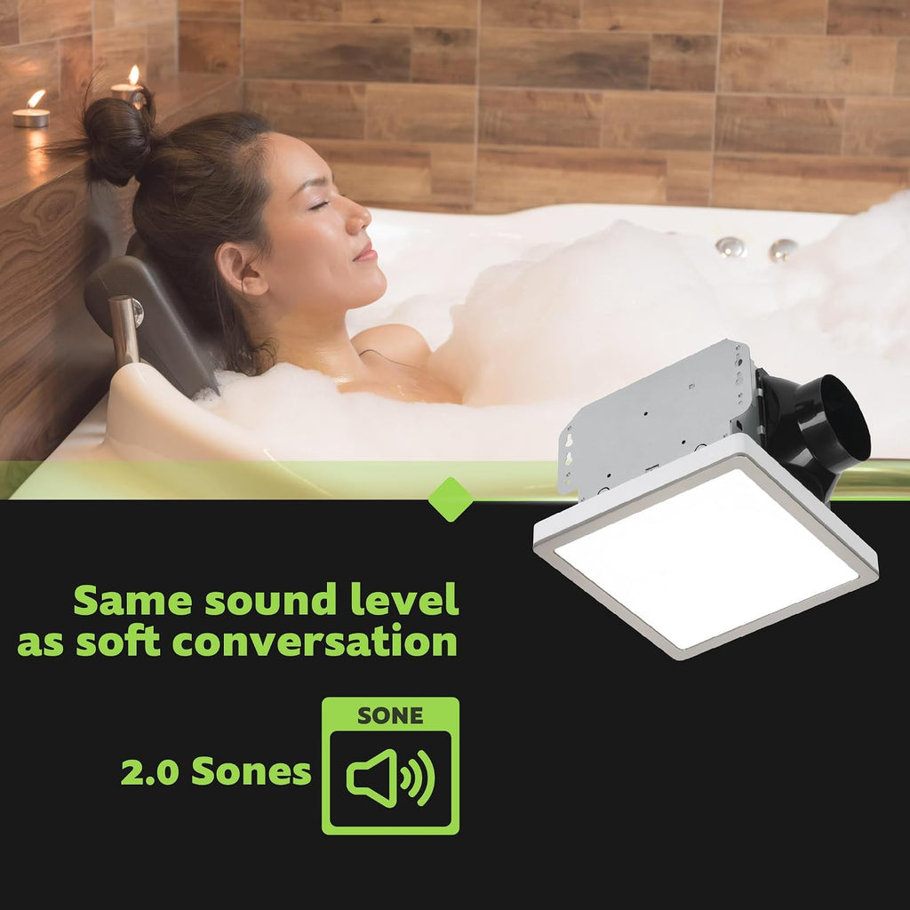 Homewerks 7105-12-BN Bathroom Fan with Light 100-CFM 2 Sones Square Ventilation Fan Dimmable LED Light and Magnetic Trim Ring Brushed Nickel
