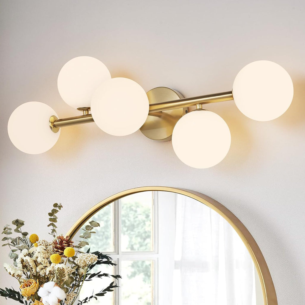 Bathroom Light Fixtures, Brushed Gold Bathroom Vanity Light Over Mirror with Milk White Glass Shades, Dimmable LED Wall Sconces for Hallway, Entryway, Living Room, Bedside, Staircase