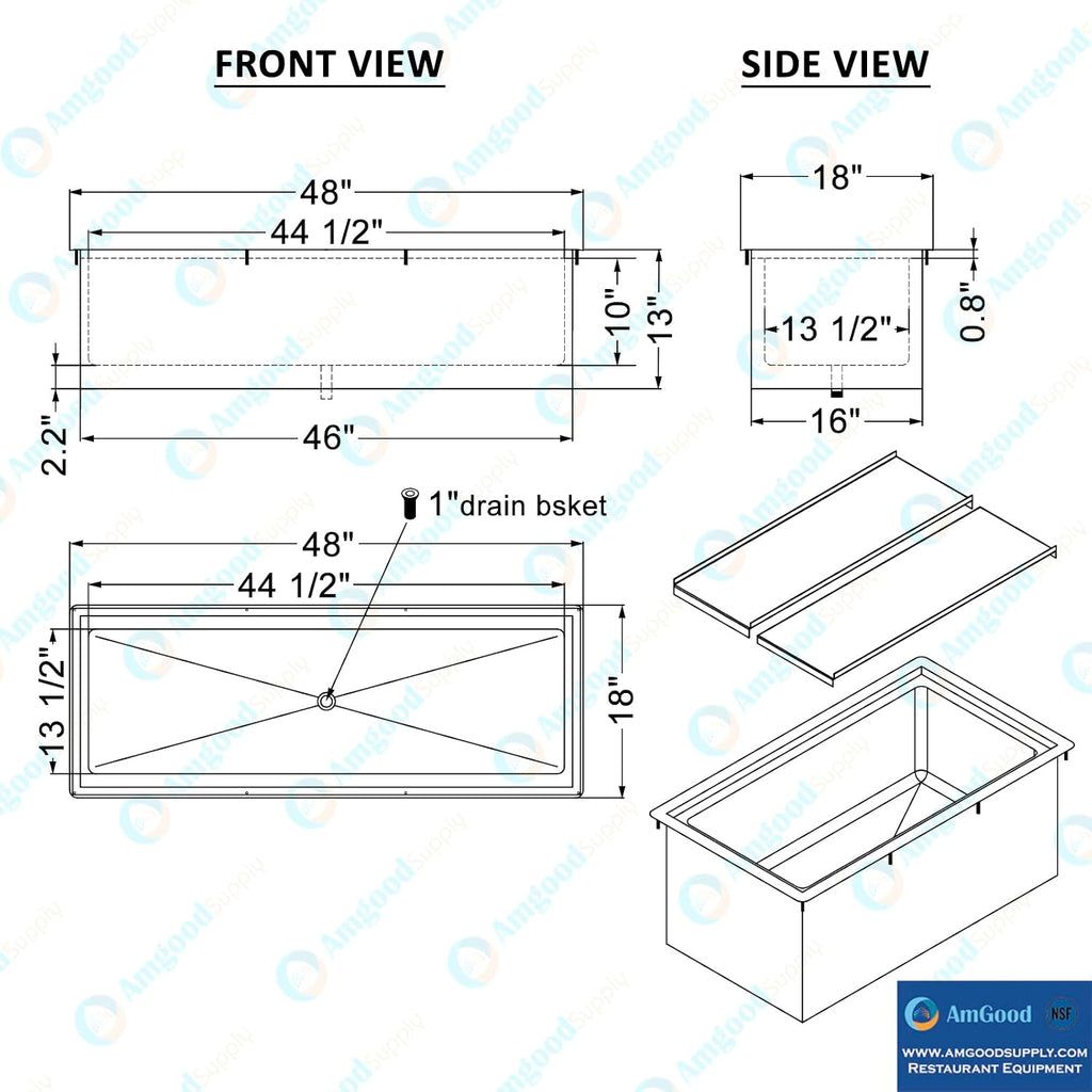 AmGood 18 in. x 48 in. Stainless Steel Drop-In Ice Bin with Sliding Lid