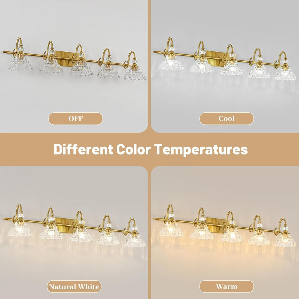Vintage Bathroom Vanity Light, 5-Light Brushed Gold Finish Wall Sconce with Hanging Crystal Accents and Flower-Shaped Clear Glass Shades, Retro Wall Mount Vanity Light Over Mirror for Bathroom