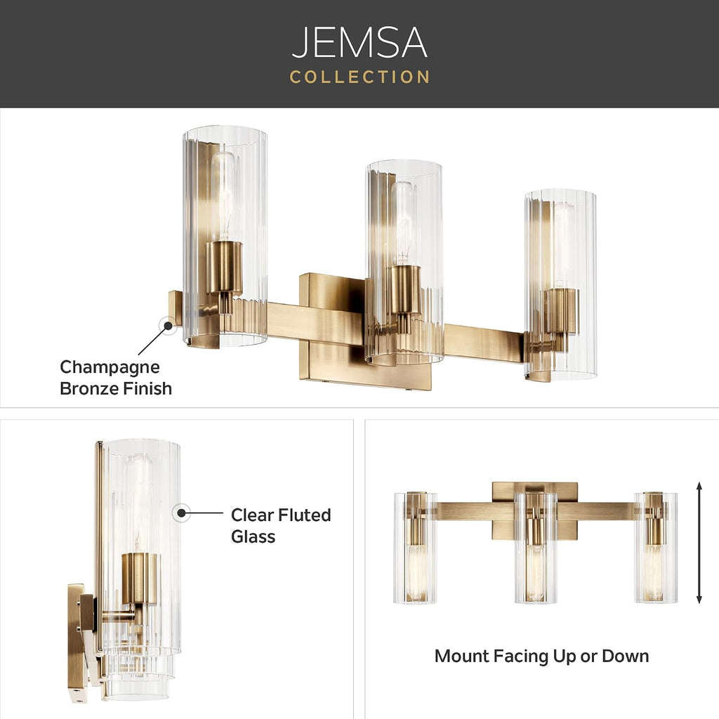 Kichler Jemsa 3-Light Bathroom Vanity Light Fixture with Clear Fluted Glass in Champagne Bronze for Modern Bathroom or Powder Room Wall Lighting (9.75 x 22.75 in), 55168CPZ