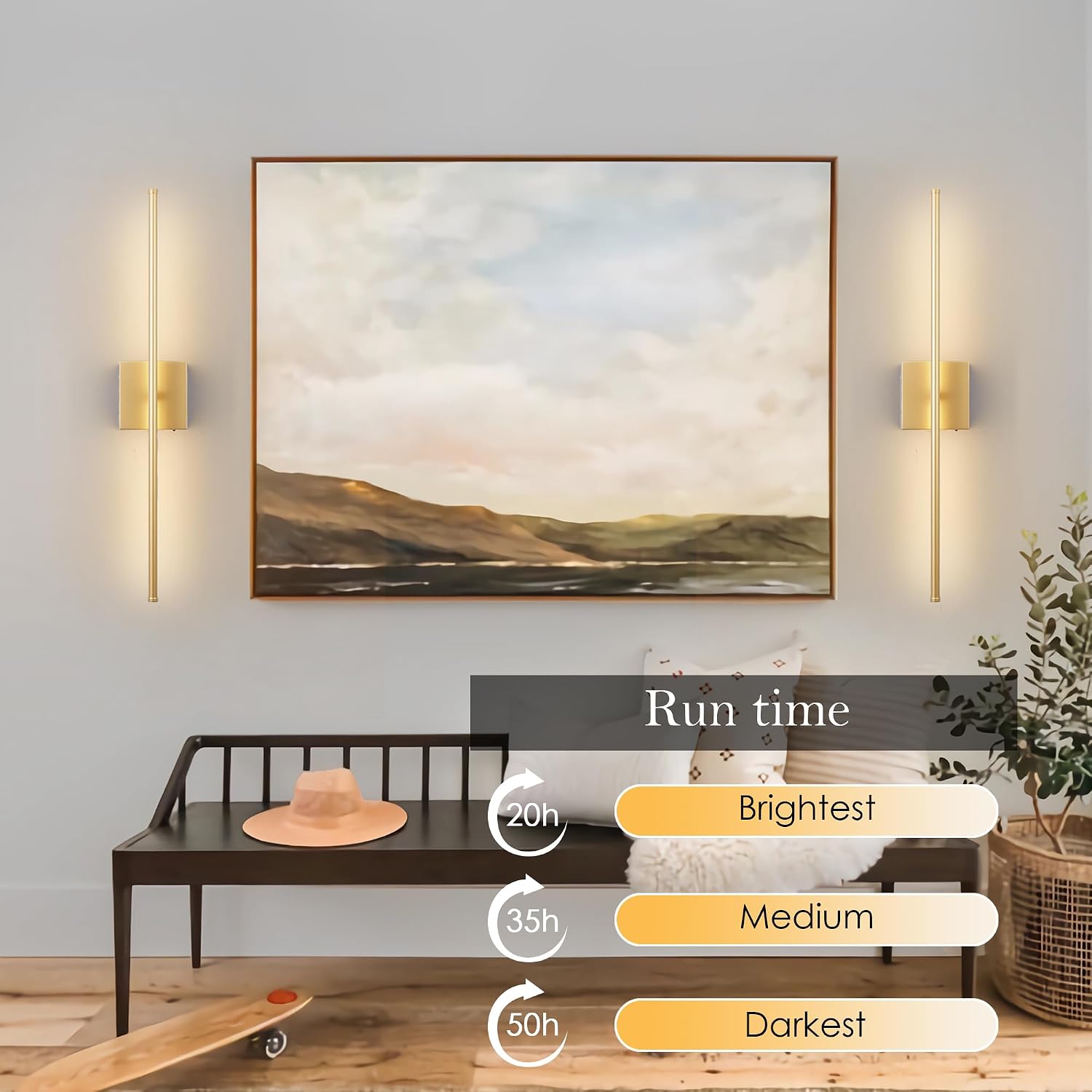 KARTOOSH 32.2 Inch Wall Sconces Battery Operated for Bedroom Hallway, Rechargeable Wireless Wall Lamp Set of 2, 3000K Warm White Dimmable Wall Light w/Remote Timer Memory Indoor Sconce Decor, Gold