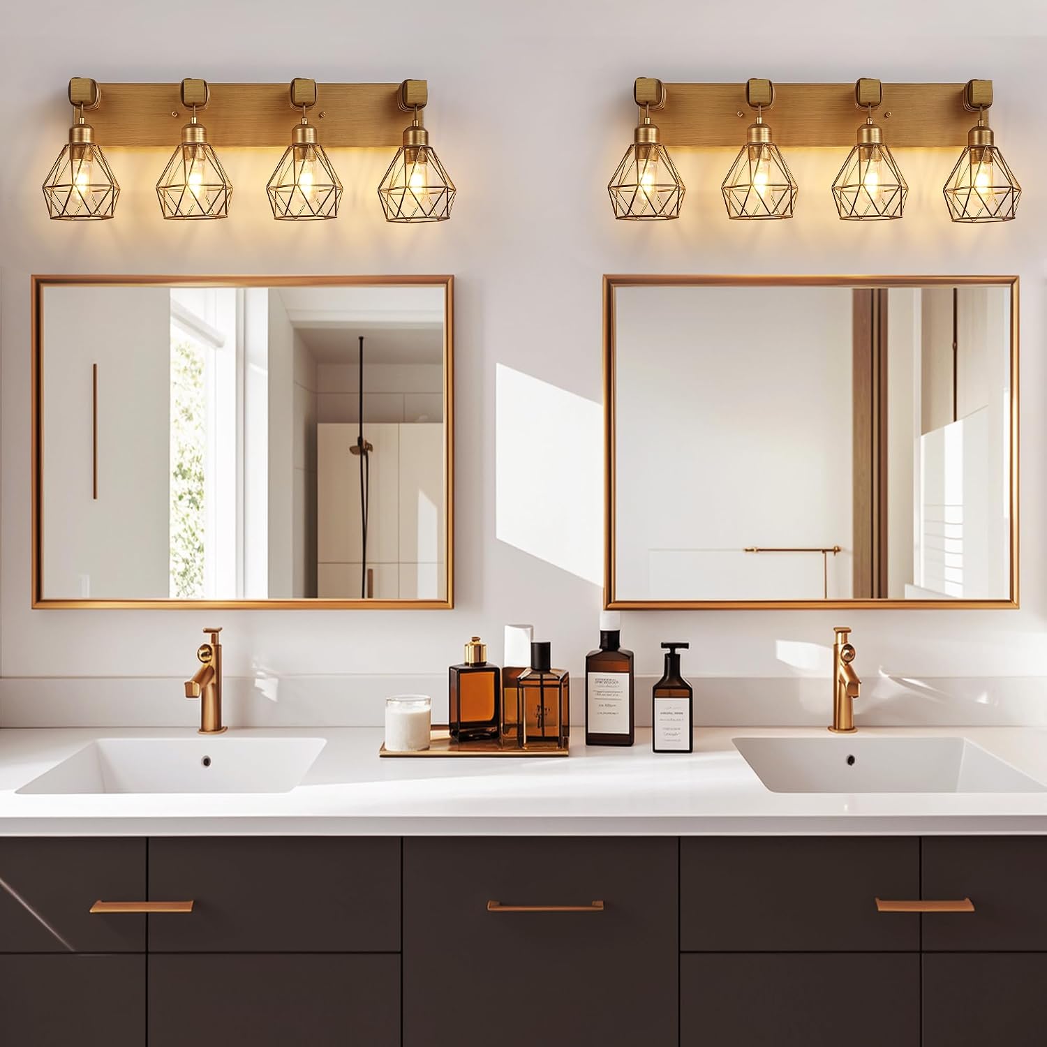Farmhouse Bathroom Light Fixtures, 4-Light Gold Bathroom Vanity Light, Rustic Matte Antique Brass Finish with Metal Lampshade, Wall Sconces for Bedroom, Living Room, Hallway