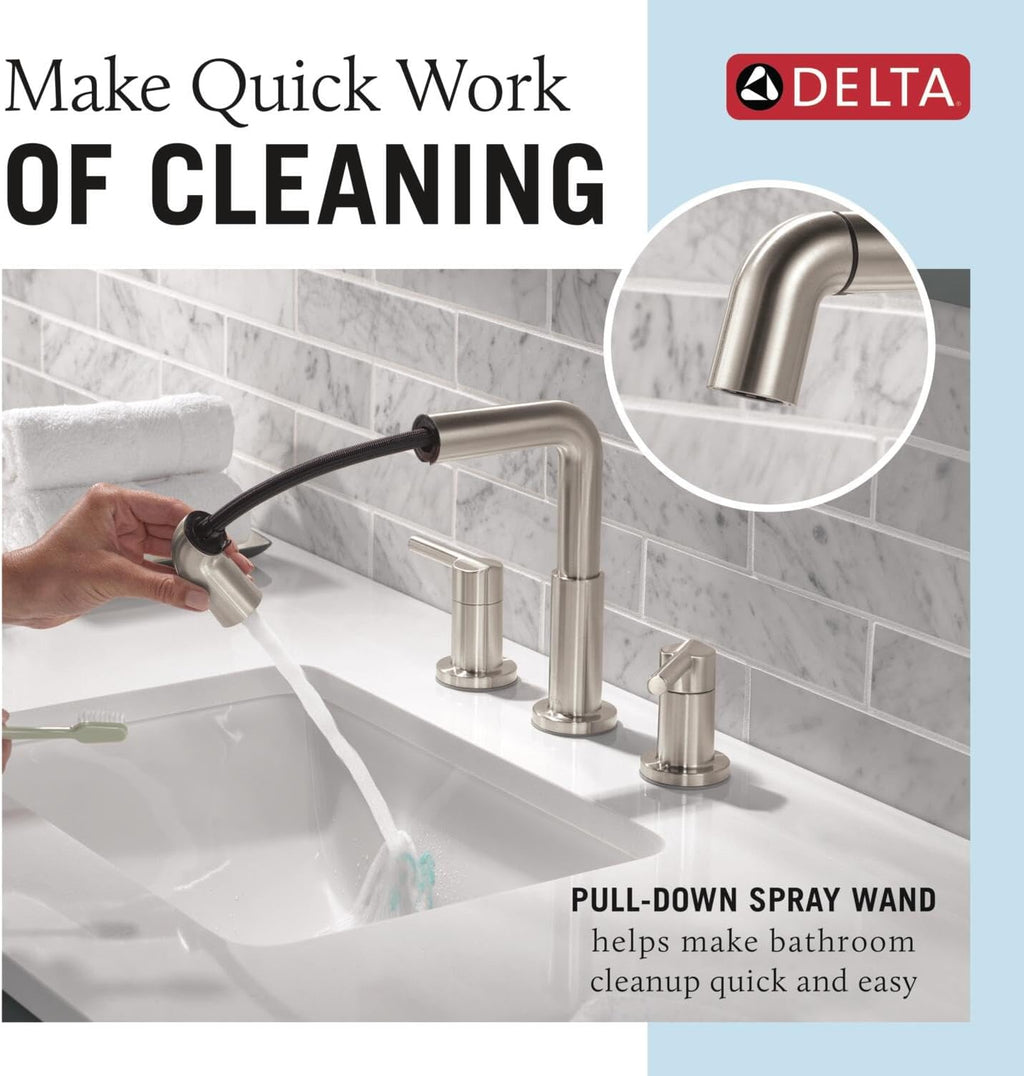 Delta Nicoli Brushed Nickel Bathroom Faucet with Sprayer, 8 Inch 3 Hole Widespread Bathroom Sink Faucet with Pull Out Sprayer, Push-Pop Drain, Stainless 35849LF-SSPD