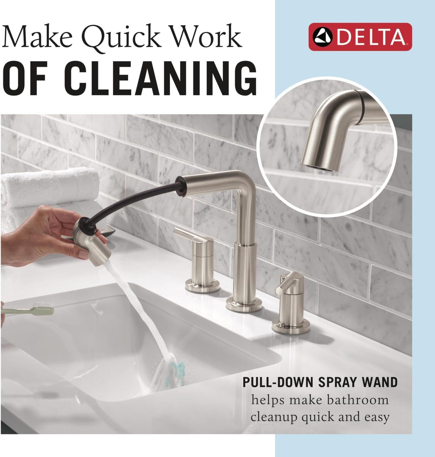 Delta Nicoli Brushed Nickel Bathroom Faucet with Sprayer, 8 Inch 3 Hole Widespread Bathroom Sink Faucet with Pull Out Sprayer, Push-Pop Drain, Stainless 35849LF-SSPD