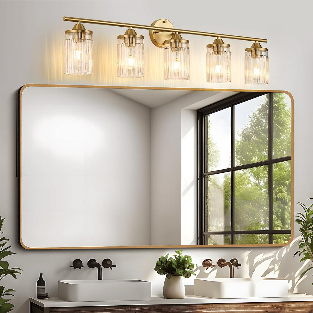 Jonsi Gold Bathroom Light Fixtures 5-Light Vanity Lights Modern Wall Sconce with Clear Glass Shade Brushed Brass Bathroom Light Fixture Over Mirror for Bedroom Hallway Kitchen