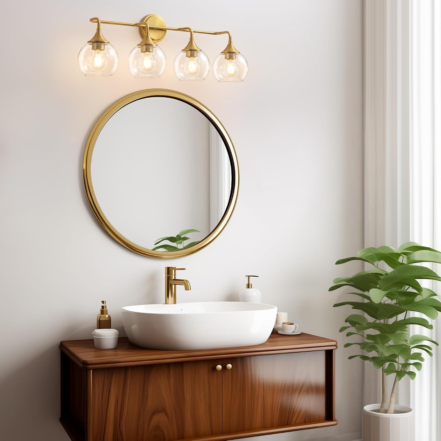 Bathroom Vanity Light Gold, 4 Light Bathroom Light Fixtures Over Mirror with Clear Glass Shade, 31 inch Vanity Lights for Bathroom Farmhouse (Exclude E26 Bulb)