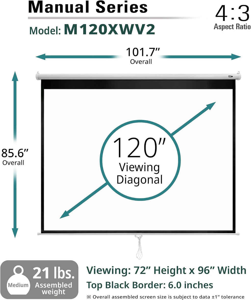 Elite Screens Manual Series, 120-INCH 4:3, Pull Down Manual Projector Screen with AUTO LOCK, Movie Home Theater 8K / 4K Ultra HD 3D Ready, 2-YEAR WARRANTY, M120XWV2