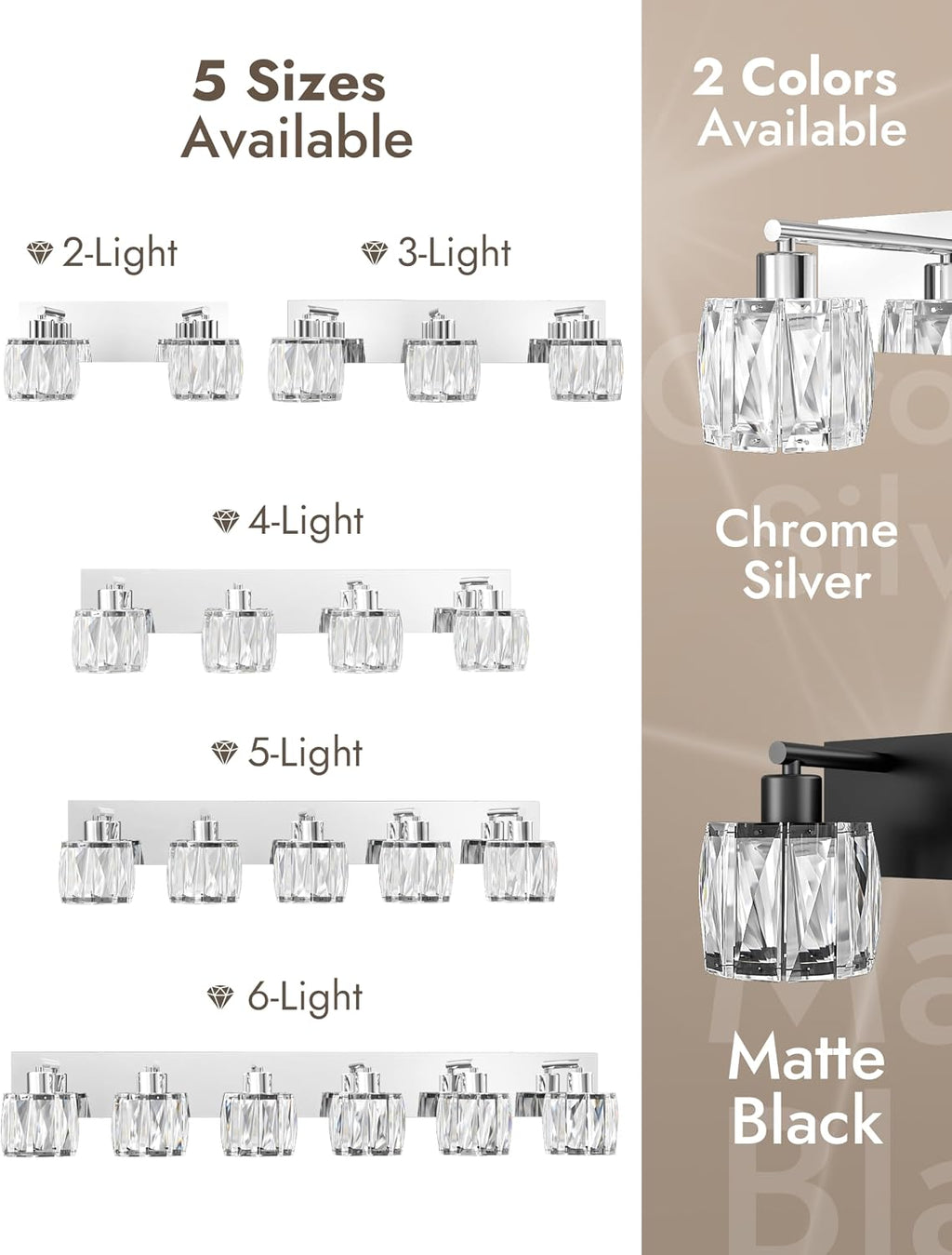 VOLISUN Crystal Vanity Lights for Bathroom, 6 Light Modern Stainless Steel Bathroom Light Fixtures Over Mirror, Chrome Bathrooms Lights Fixtures - UL Certificated (Exclude Bulb)