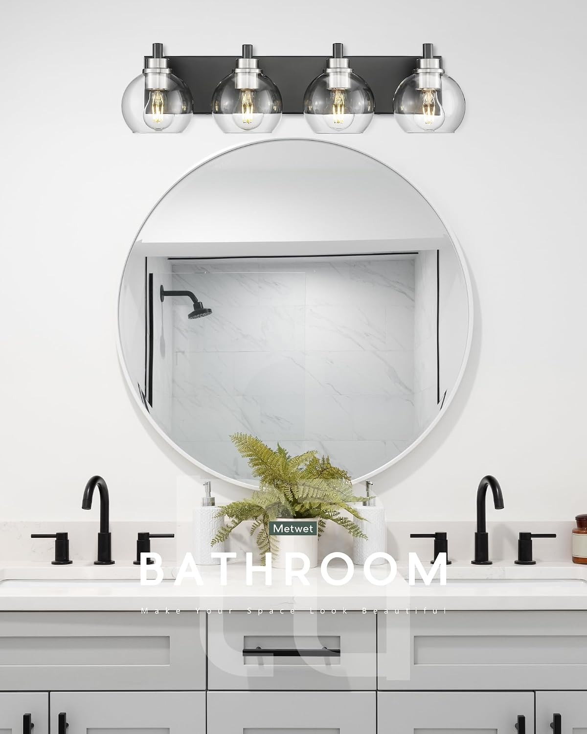 Bathroom Light Fixtures, 4-Light Black and Brushed Nickel Bathroom Vanity Light, 26 Inch Modern Wall Sconces with Globe Clear Glass Shade, Vanity Lighting Fixtures Over Mirror, VL195-KN-4