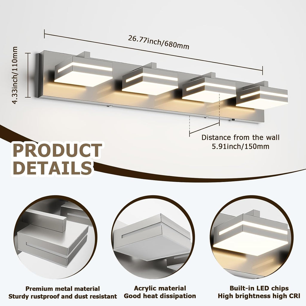 Joossnwell Bathroom Vanity Light Brushed Nickel Bathroom Lighting Fixture Over Mirror Modern (4-Light, 26.77-Inch) Dimmable 5CCT Led Bath Vanity Lighs