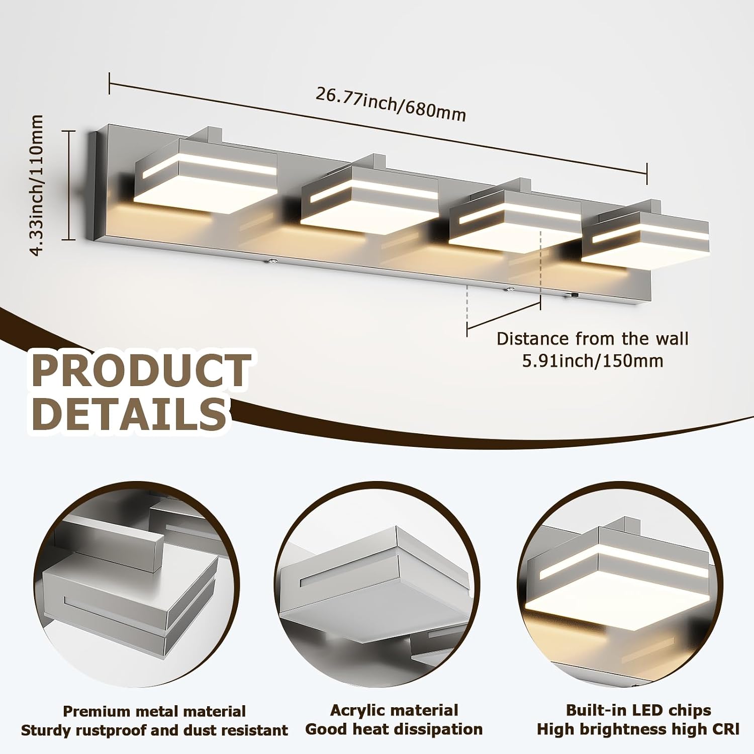 Joossnwell Bathroom Vanity Light Brushed Nickel Bathroom Lighting Fixture Over Mirror Modern (4-Light, 26.77-Inch) Dimmable 5CCT Led Bath Vanity Lighs