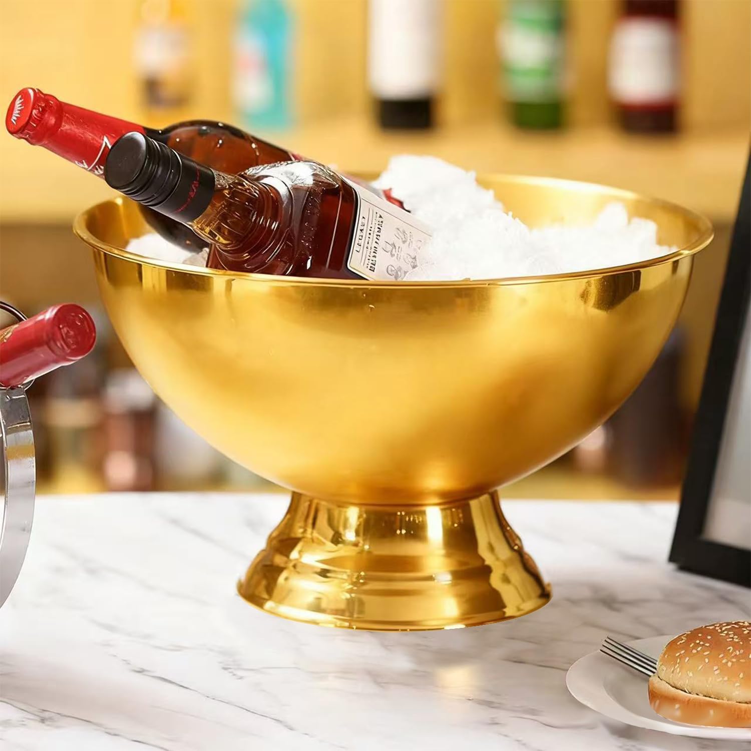Large Ice Bucket 13L Stainless Steel Champagne Bowl Ice Bucket with Ice Scoop Semicircle Drink Tub with Integrated Base Silver Beverage Tub for Parties, Cocktail Bar, Chilling Wine (2 Packs-Gold)