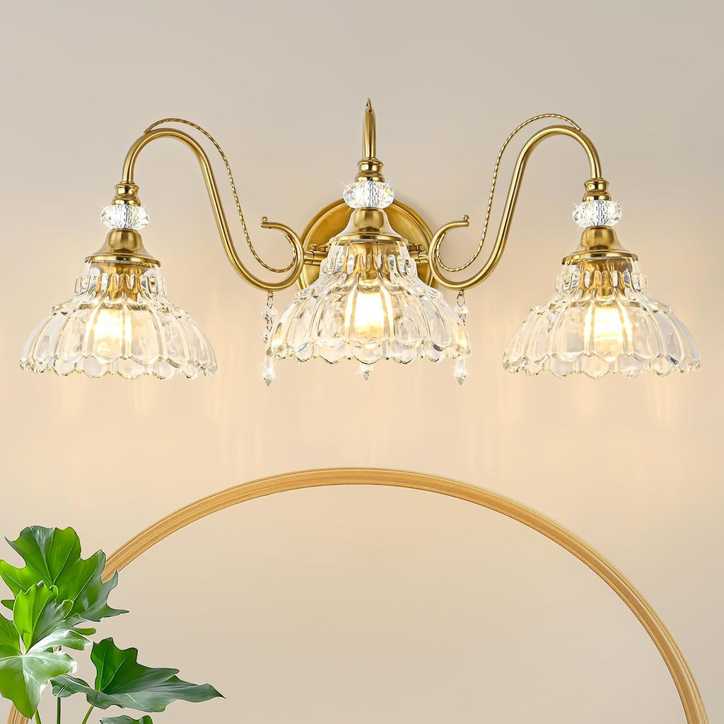 Vintage Bathroom Vanity Light, 3-Light Brushed Gold Finish Wall Sconce with Hanging Crystal Accents and Flower-Shaped Clear Glass Shades, Retro Wall Mount Vanity Light Over Mirror for Bathroom