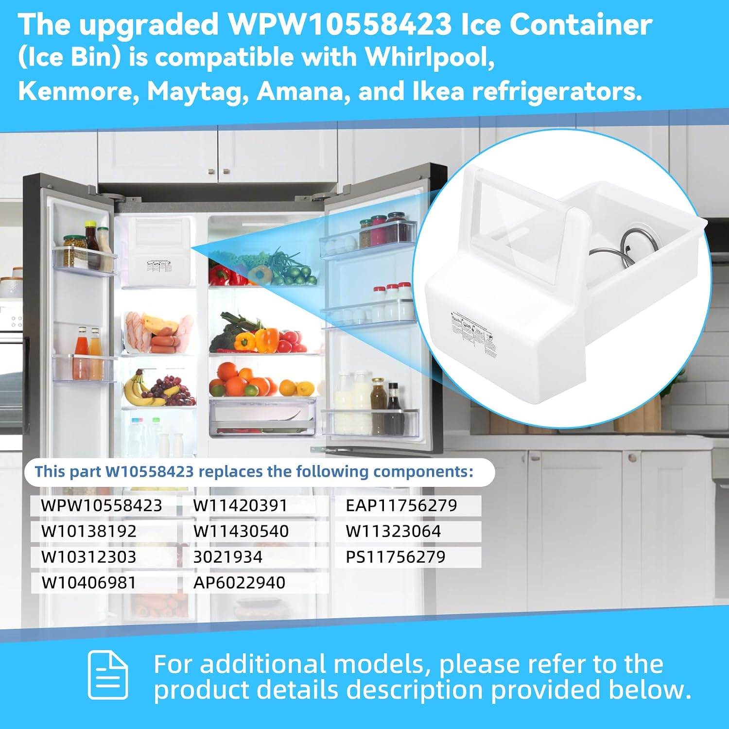 Upgraded WPW10558423 Ice Container (Ice Bin) Compatible with Whirlpool, Kenmore, Maytag, Amana, and IKEA refrigerators