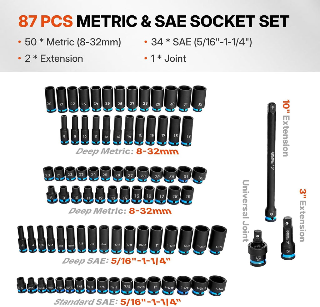 BLACK CANYON 87-Piece 1/2' Drive Impact Socket Set, SAE & Metric Deep & Shallow Sockets, 6-Point Cr-Mo Impact Grade Steel, Extension Bars, Universal Joint & Storage Case for Automotive Repair