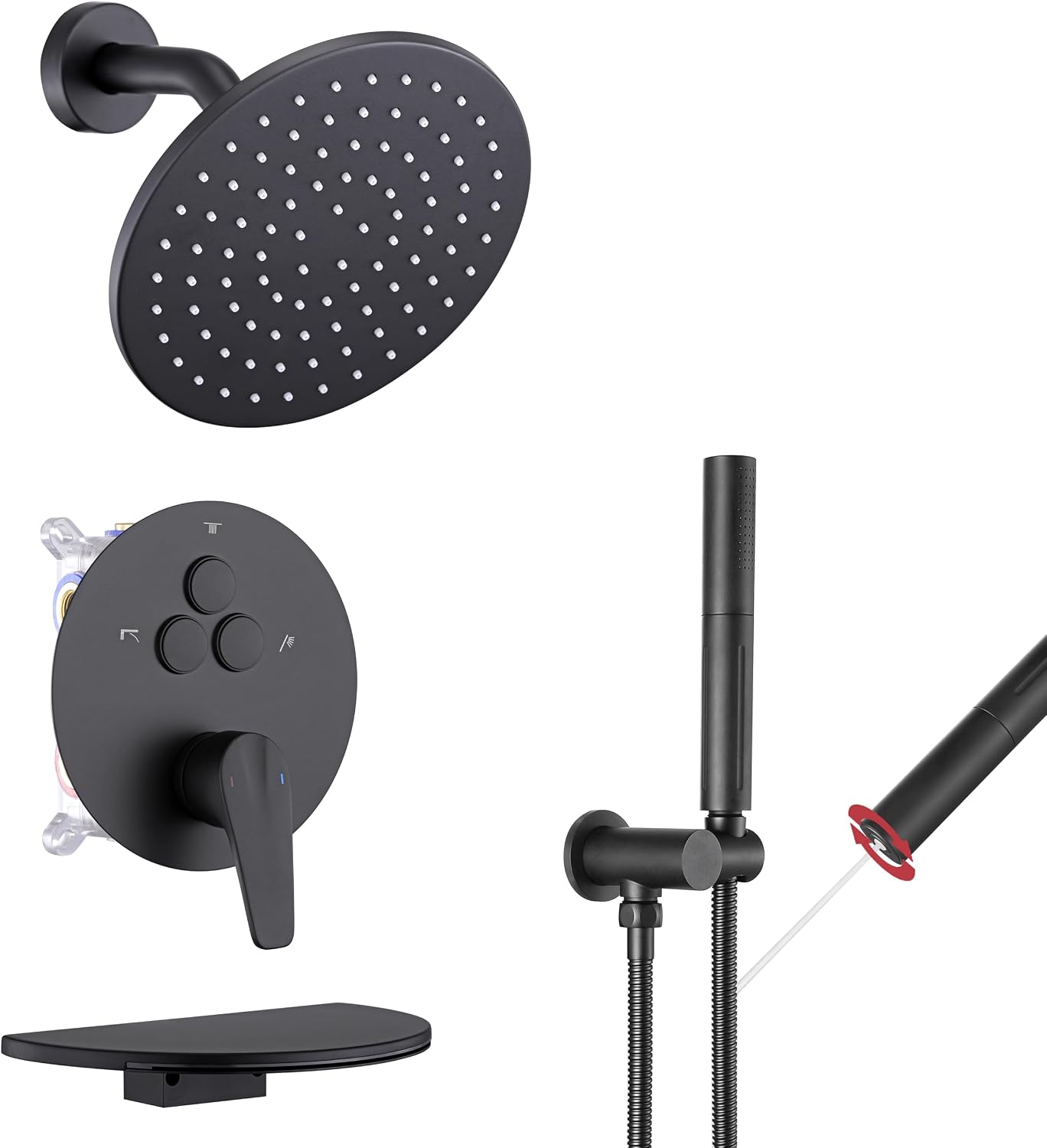 VANFOXLE Shower Faucet Set Matte Black Shower System,Push Button Diverter Shower Faucet with 2 in 1 Handheld,Wall Mount 8 Inch Shower Head with 9 Inch Bathtub Waterfall Spout
