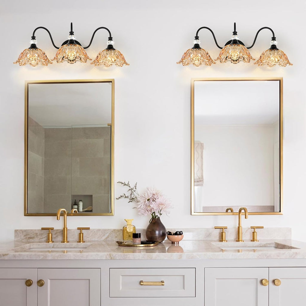 Black Bathroom Vanity Light,3-Light Vanity Light with Floral Amber Glass Shades,Vintage Farmhouse Wall Mount Lighting for Bathroom, Dressing Table
